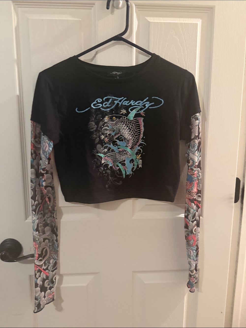Ed Hardy Black Cropped Top with Multicolor Koi Graphic and Tattoo-Print Sleeves